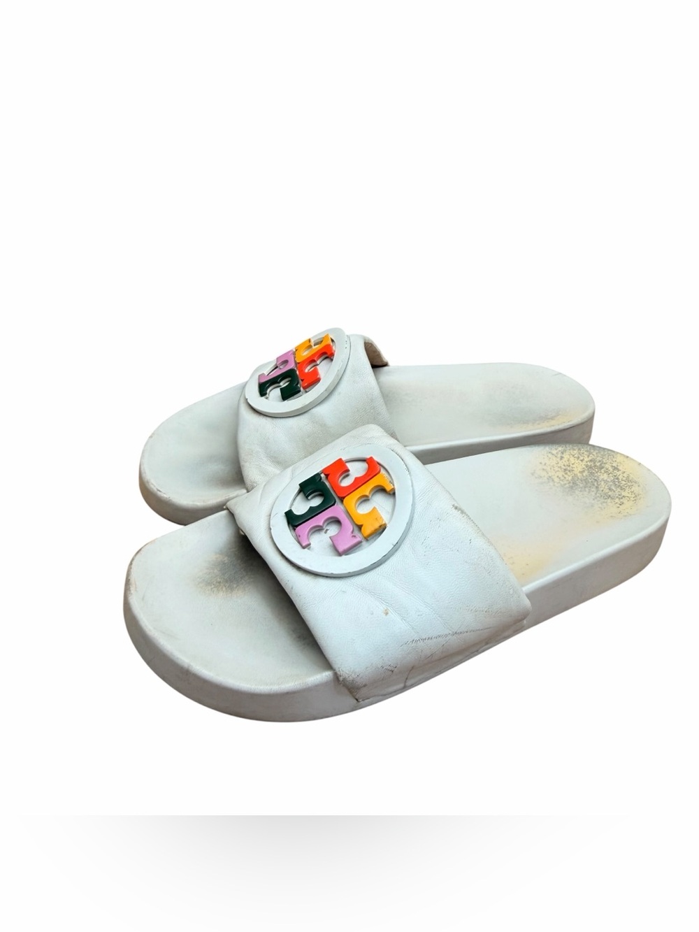 Tory Burch size 7 White Slide Sandals with Multicolor Logo